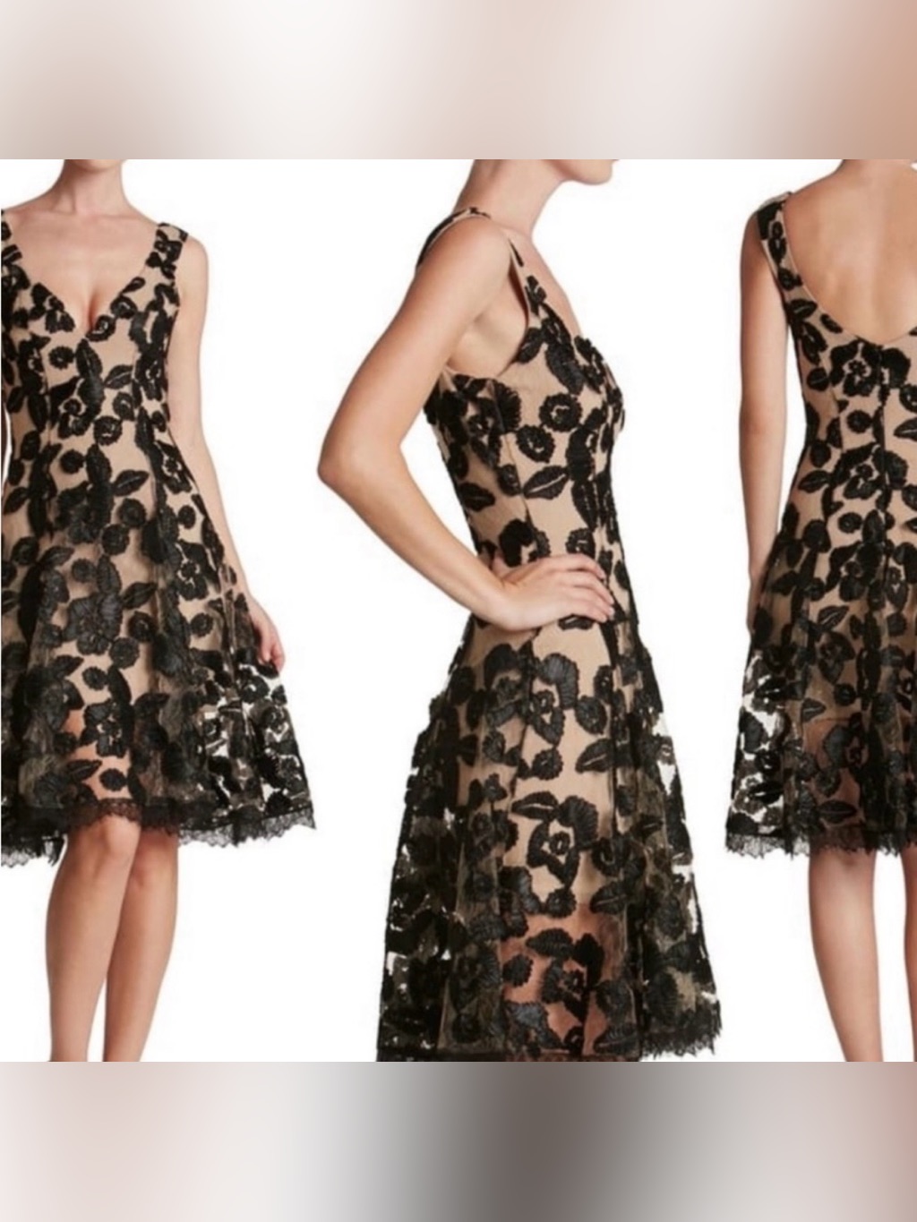 Dress The Population Maya Vneck Nude Black Sleeveless Fit And Flare Dress, Sz M